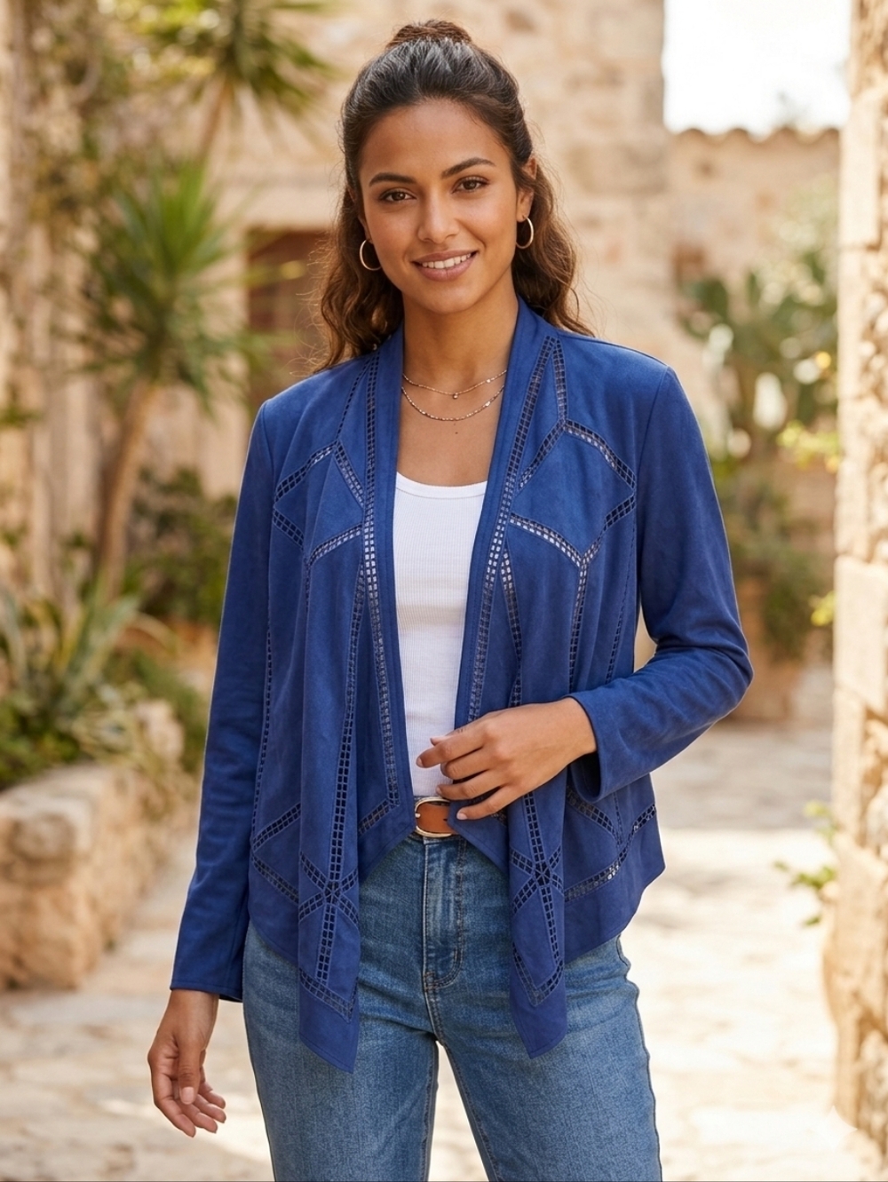 Chico's Blue Lightweight Suede Open Jacket Womens Size Medium 2 Festive Western